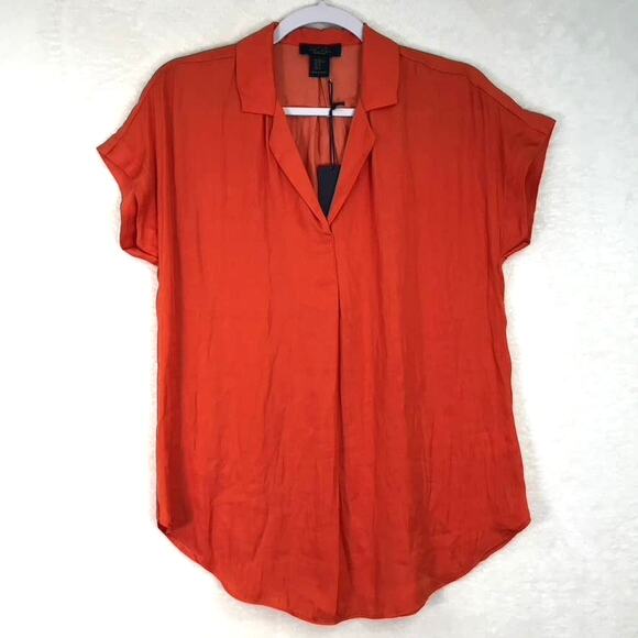 Rachel Roy Blouse XS Orange Satin Popover V Neck Short Sleeve Silky Hi Low Flowy - Picture 1 of 12